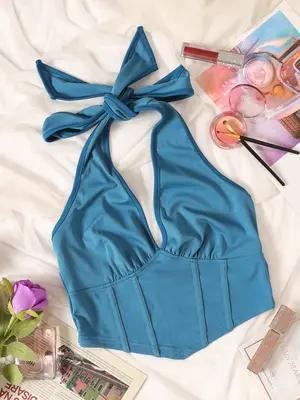 Women's Halter V Neck Crop Tank Top, Tie Back Ruched Tops for Holiday Vacation, Summer Clothes Women for Daily Wear, Womensw...