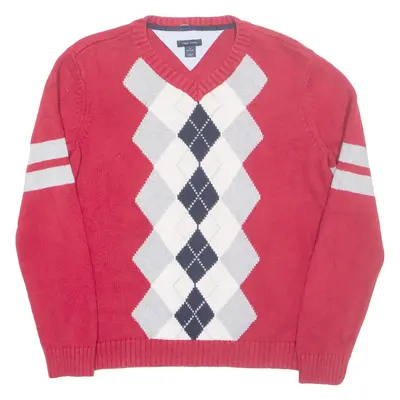 TOMMY HILFIGER Boys Patterned Jumper Red Argyle V-Neck Tight Knit M