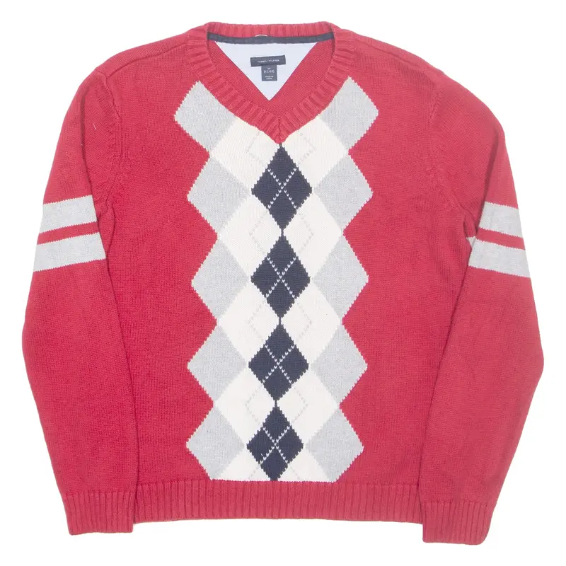 TOMMY HILFIGER Boys Patterned Jumper Red Argyle V-Neck Tight Knit M