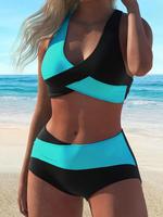Women's Colorblock Print Swimsuit Set, Casual V Neck Criss Cross Swim Top & Swim Panty, Two-Piece Swimsuit for Beach Swimming...
