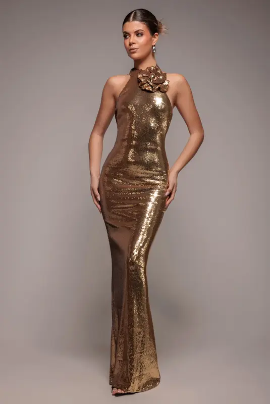 Goddiva Liquid Sequin Halterneck Maxi With Corsage - Gold