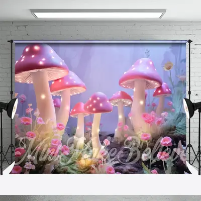 Pink Big Cute Mushroom Misty Floral Path Backdrop - Aperturee