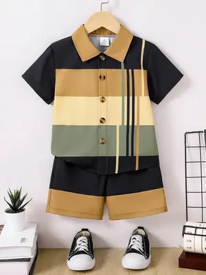 Two-piece Set Boy's Striped Print Short Sleeve Top & Elastic Waist Shorts, Casual Summer Clothes for Kids, Kids Clothing fo...