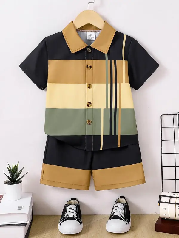 Two-piece Set   Boy's Striped Print Short Sleeve Top & Elastic Waist Shorts, Casual Summer Clothes for Kids, Kids Clothing fo...