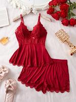 Women's Solid/Leopard Print Cami Top & Lace Trim Shorts Pyjama Two-piece Set, Casual Comfy Camisole & Shorts PJ Set, Ladies S...