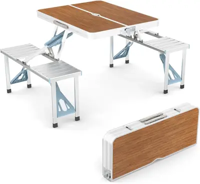 VINGLI 4 Ft Camping Picnic Table Set with 4 Seats with Umbrella Hole Folding Lightweight Suitcase Card Table-220 Lbs Support ...