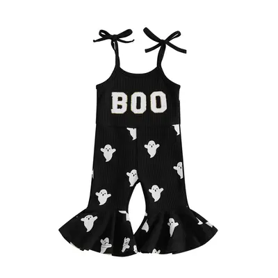 REDWOON Halloween Toddler Girl Bell Bottom Jumpsuit Boo Embroidery Ghost Print Romper Baby Spaghetti Straps Overalls Flare Pa...