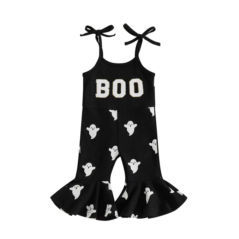 REDWOON Halloween Toddler Girl Bell Bottom Jumpsuit Boo Embroidery Ghost Print Romper Baby Spaghetti Straps Overalls Flare Pa...
