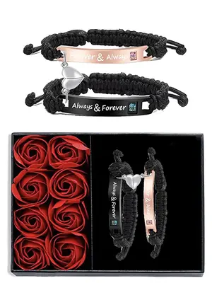 Fashionable Braided Couple Matching Bracelet (2pcs/1 Set), Couple Things, Magnetic Heart & Letter Design Link Bracelet for Wo...
