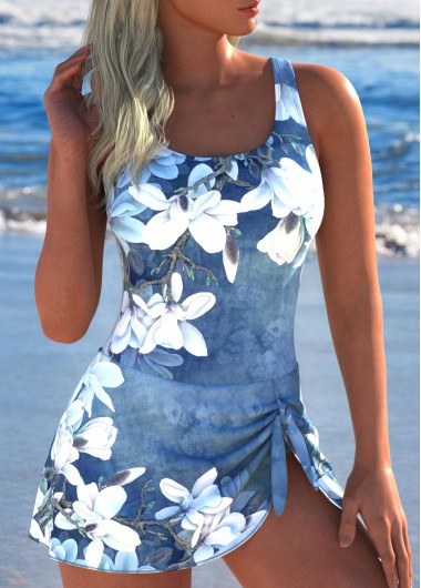 Modlily Tie Floral Print Denim Blue One Piece Swimdress - L