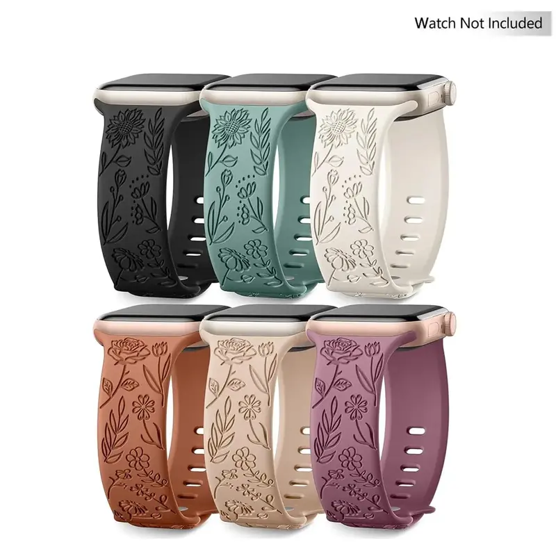 Personalized Floral Engraved Bands for Women, Wearable Accessories Compatible with Watch Band 38mm to 49mm, Soft Silicone ...