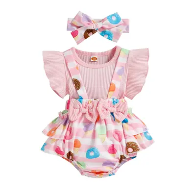 Newborn Baby Girl Summer Clothes Ruffle Sleeve Doughnut Floral Print Ribbed Suspender Romper Headband 2Pcs Set