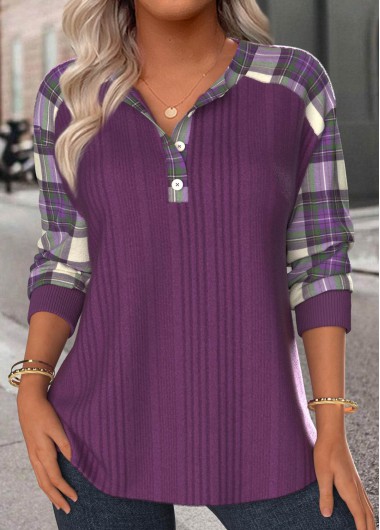 Modlily Purple Button Plaid Long Sleeve Split Neck Sweatshirt - L