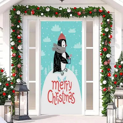 Blue White Penguin Snowy Merry Christmas Door Cover - Aperturee