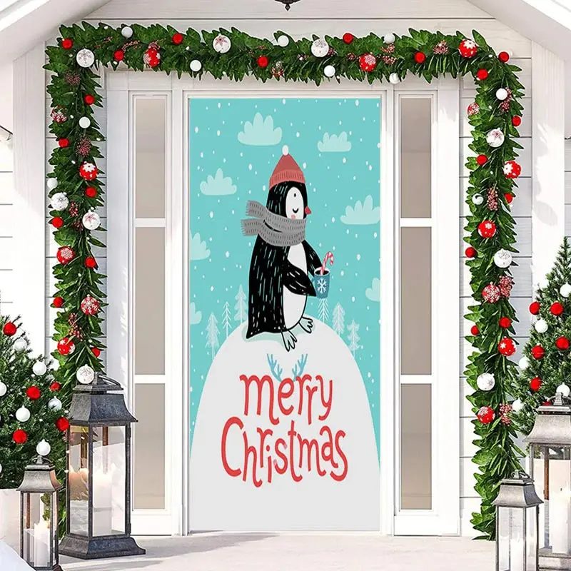 Blue White Penguin Snowy Merry Christmas Door Cover - Aperturee