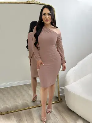 Women's Plain Ruched Asymmetrical Neck Bodycon Dress, Elegant Long Sleeve Knee Length Dress for Party Dating Wear, Ladies Clo...