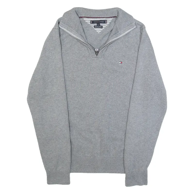 TOMMY HILFIGER Mens Jumper Grey 1/4 Zip Tight Knit S