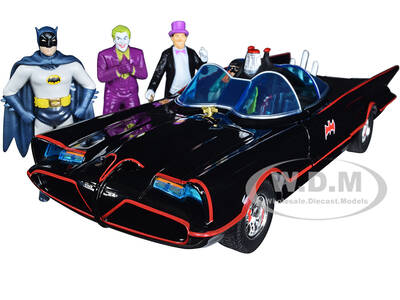 1966 Classic Batmobile with Diecast Batman The Joker The Penguin and Plastic Robin Sitting Inside The Car \