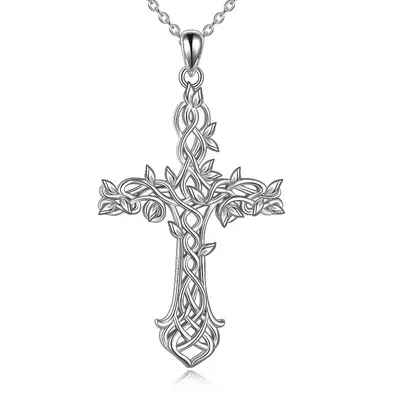 Sterling Silver Tree Of Life & Cross Pendant Necklace