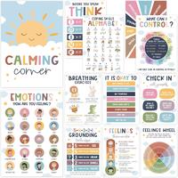 Boho 12 Calming Corner Classroom Posters - Feelings Wheel & Emotions Chart for Kids - 10x14 Posters for Calm Down Corner Supp...