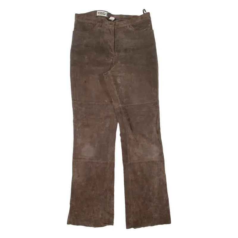 YESSICA Womens Leather Trousers Brown Regular Bootcut Suede W30 L32