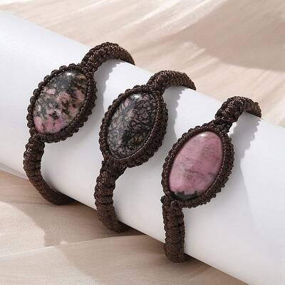 Adjustable Oval Natural Rhodonite Braided Bead Bracelets