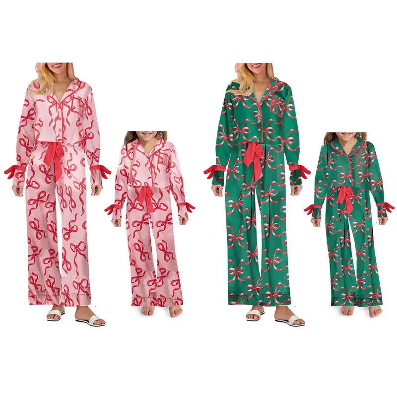 Mommy and Me Matching Pajamas Bow Print Lape Long Sleeve Button Down Tops and Drawstring Pants 2Piece Sleepwear Holiday Pajam...