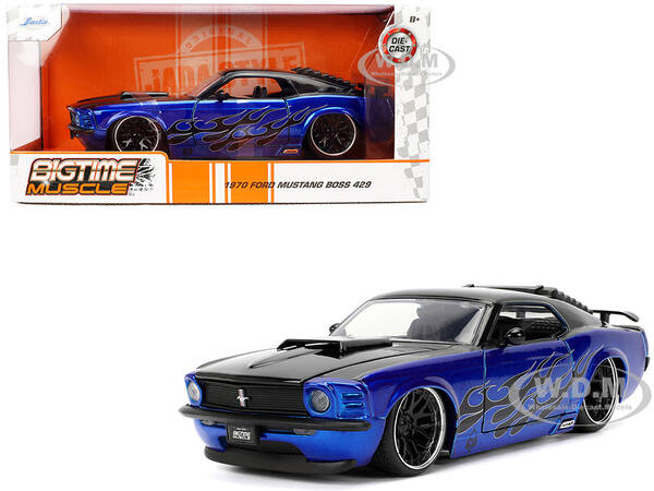 1970 Ford Mustang Boss 429 Black and Blue Metallic with Flames Bigtime Muscle Series 1/24 Diecast Model Car by Jada