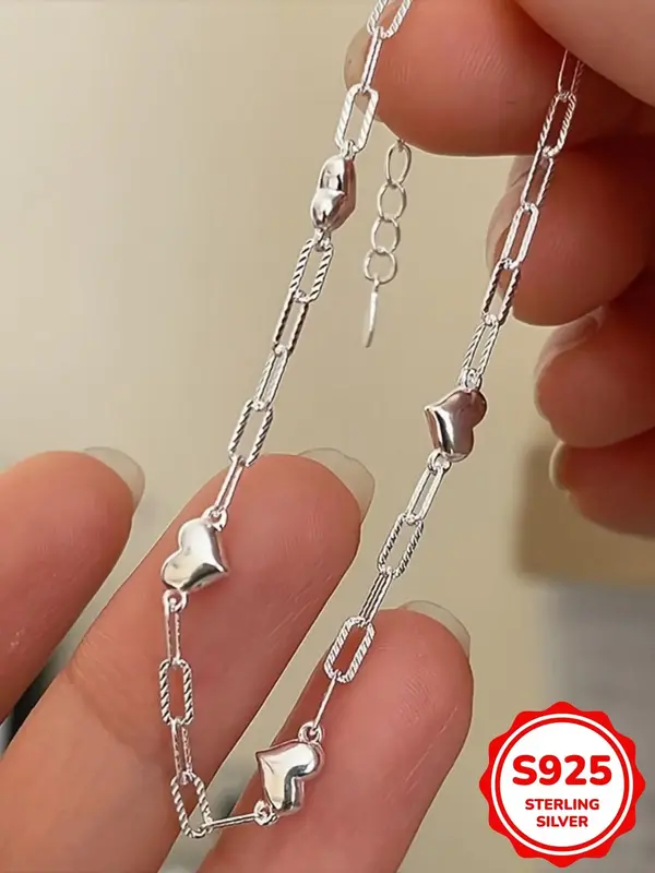 S925 Sterling Silver Heart Design Chain Bracelet, Fashionable Jewelry for Women & Girls, Trendy All-match & Exquisite Jewelry...