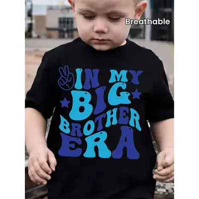 Retro 'In My Big Brother Era' Boys' Black T-Shirt - 100% Cotton, Comfy & Breathable with Colorful Letter Print, Crew Neck, Sh...