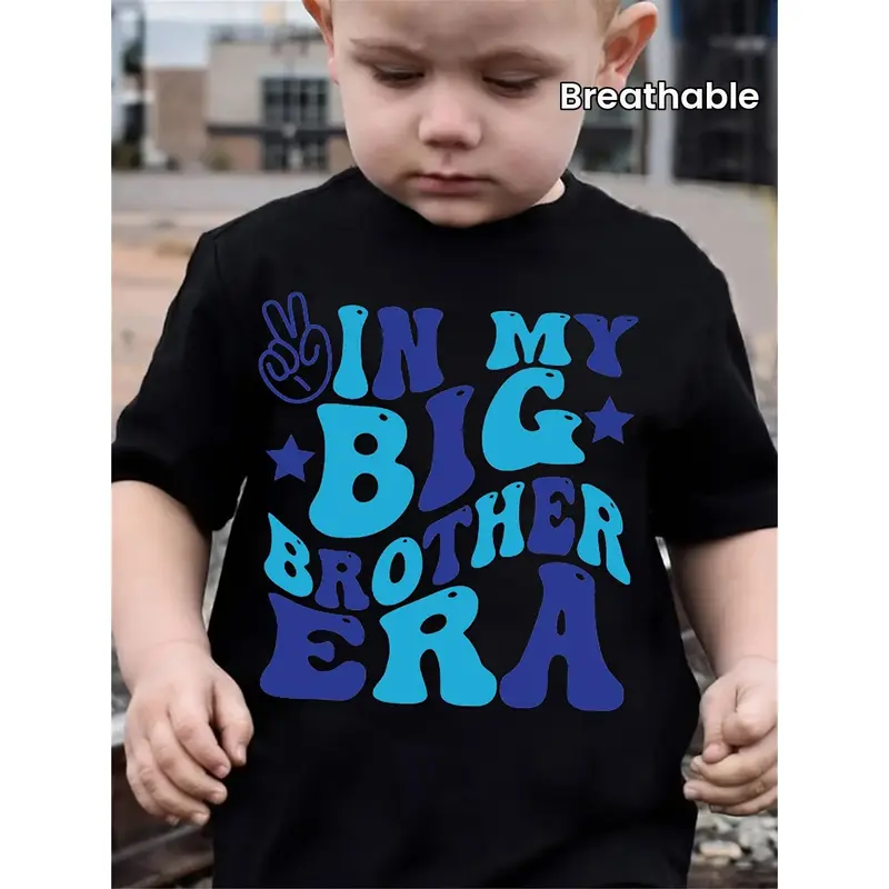 Retro 'In My Big Brother Era' Boys' Black T-Shirt - 100% Cotton, Comfy & Breathable with Colorful Letter Print, Crew Neck, Sh...