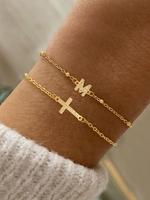 Cross & Letter Design Layered Bracelet, Fashionable Jewelry for Women, Trendy All-match & Exquisite Jewelry for Birthday Gift...
