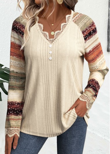 Modlily Beige Embroidery Striped Long Sleeve V Neck T Shirt - XL