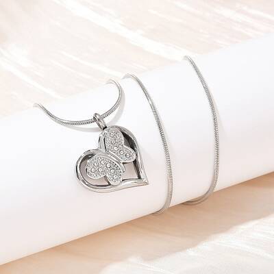 304 Stainless Steel Micro Pave Clear Cubic Zirconia Butterfly Heart Pendant Pet Urn Ashes Necklaces