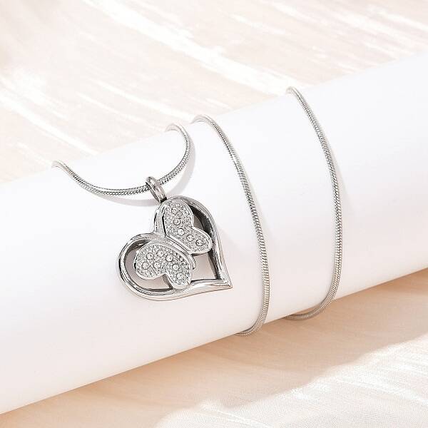 304 Stainless Steel Micro Pave Clear Cubic Zirconia Butterfly Heart Pendant Pet Urn Ashes Necklaces
