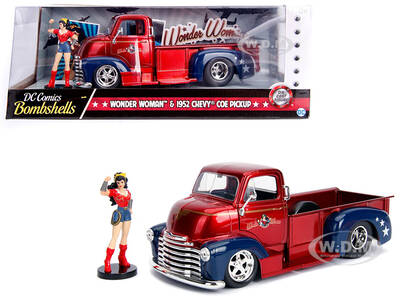 1952 Chevrolet COE Pickup Truck Candy Red and Blue with Wonder Woman Diecast Figure \