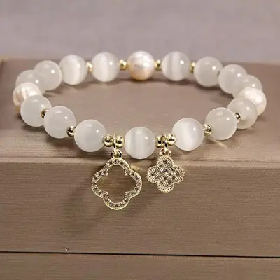 Cat's Eye Stone Bracelet Clover Crystal Bracelet Elastic Rope Crystal Transfer Bead