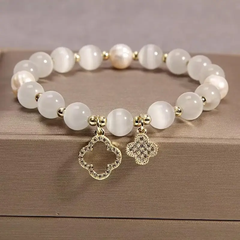 Cat's Eye Stone Bracelet Clover Crystal Bracelet Elastic Rope Crystal Transfer Bead