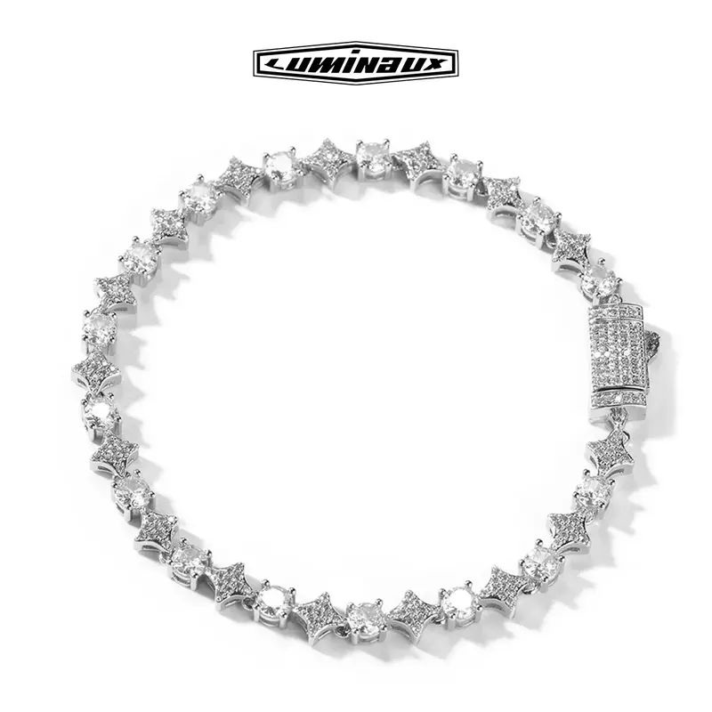 [LUMI25] Iced Out Moon & Star Tennis Bracelet AAAAA+ D Color VVS CZ Bracelet Wrist Chain Hip Hop Jewelry for Men Women, Boyfr...