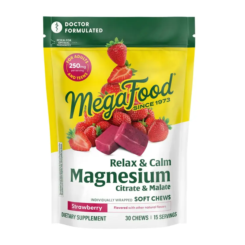 MegaFood Magnesium Soft Chews – Strawberry Flavor. Helps relax the body & promote a sense of calm. 30 Individually Wrapped ...