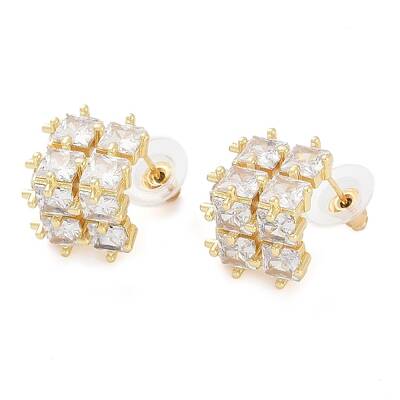 Brass Pave Clear Cubic Zirconia Stud Earrings for Women