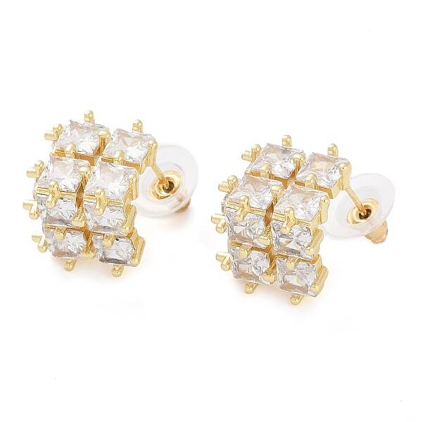 Brass Pave Clear Cubic Zirconia Stud Earrings for Women