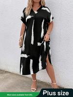 【Plus Size】Brush Print Batwing Sleeve Tunic Dress, Casual Short Sleeve V Neck Midi Dress for Summer, Women's Plus Clothin...