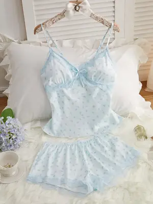 Women's Ditsy Floral Print Contrast Lace Pyjama Two-Piece Set, Chic Comfy Bow Decor Cami Top & Elastic Waist Shorts PJ Set,...