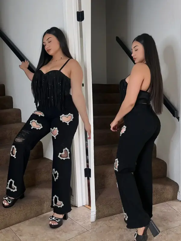 Women's Heart Rhinestone Jeans -High Waist, Comfy - Cotton