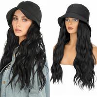 MY-LADY 18inch Hat with Hair Extensions Bucket Hat Wigs Water Wave Curly Long Synthetic Hair Pieces for Women