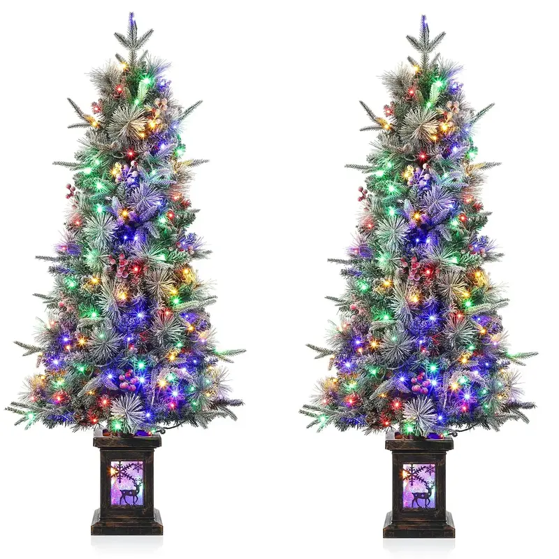 Garvee 4.5ft Christmas Tree with 150 Multicolor Led Lights, Pre-Lit Snow Flocked Christmas Tree with Elk Potted Base, Holiday...