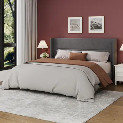 Garvee King Size Bed Frame with Wingback Headboard, Velvet Upholstered Platform Bed Frame with Sturdy Wooden Slats Support, N...