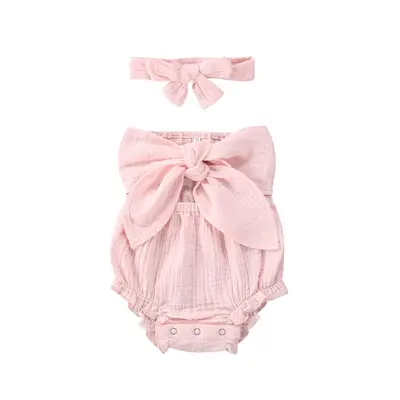 Baby Girls Summer Clothes Set Sleeveless Off Shoulder Hollow Out Romper+Bowknot Headband Infant 2Pcs Casual Outfits
