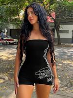 Women's Dragon Print Tube Romper, Street Minimalist Fashion Casual Sleeveless Romper for Daily Outdoor Wear, Ladies Clothes f...